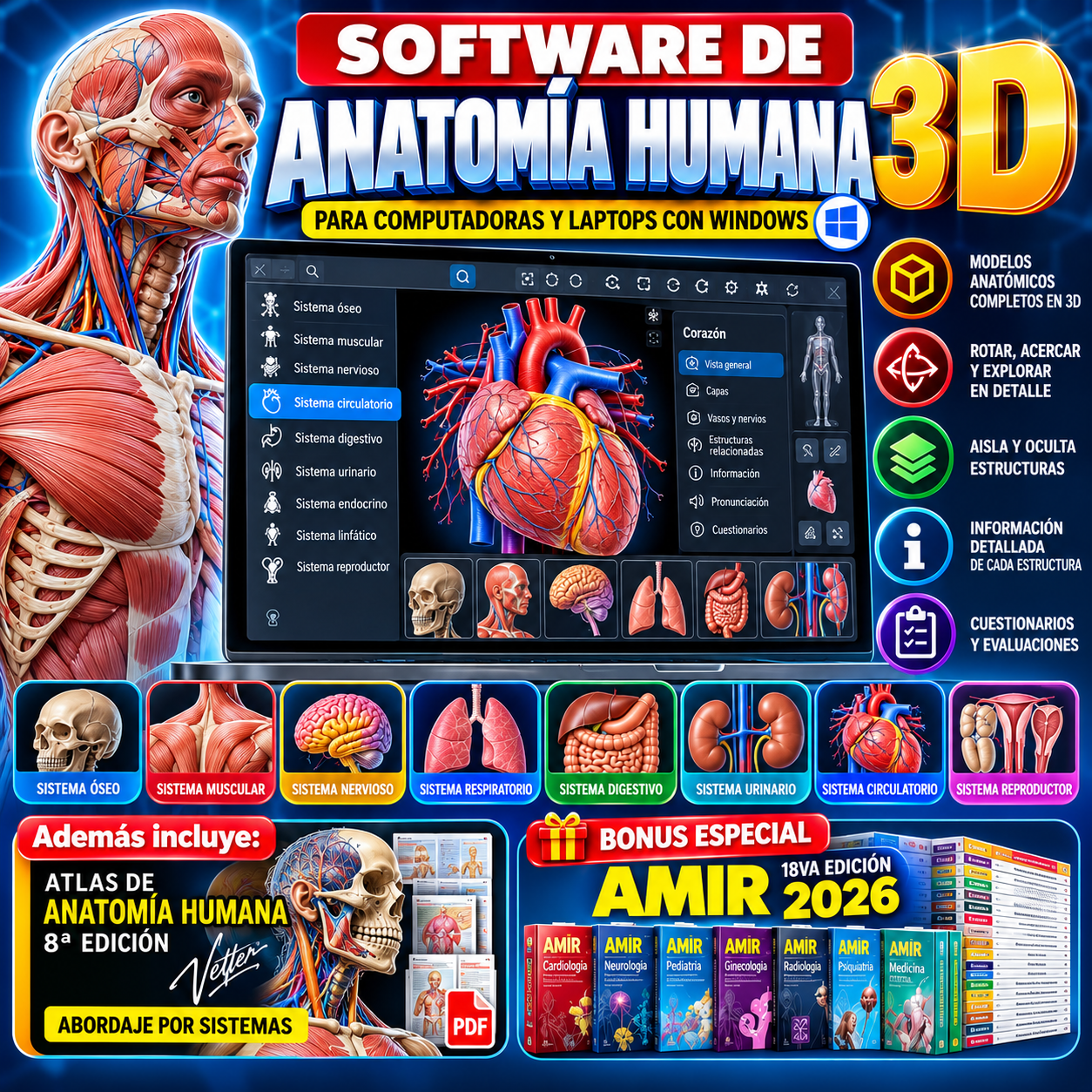 SOFTWARE ANATOMÍA HUMANA 3D (ESPAÑOL) + LIBRO DE ANATOMÍA PREMIUM + AMIR 18VA EDICIÓN - OTROS